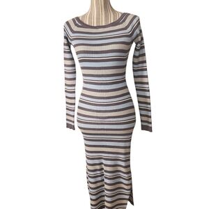 No Comment Elegant Striped Long Sleeve Cable Knit Bodycon Sweater Dress Size S